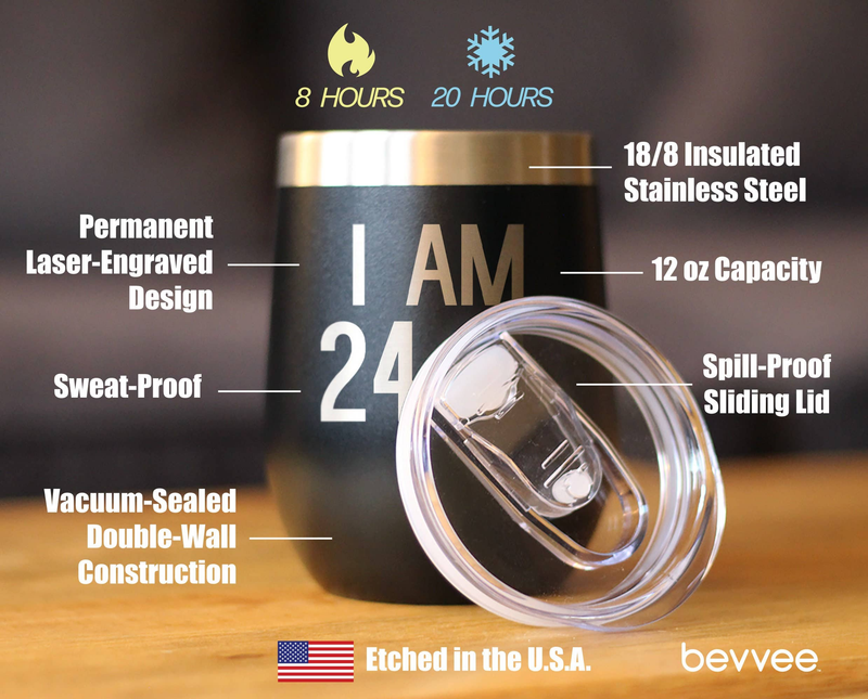 Black insulated wine tumbler with 'I AM 24' design and sliding lid