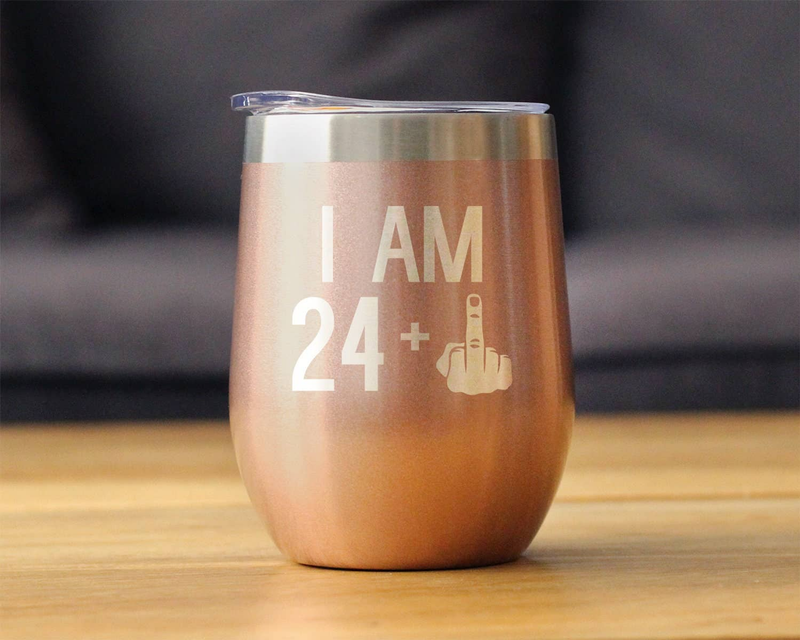 Rose gold insulated wine tumbler with 'I AM 24' design and blue lid