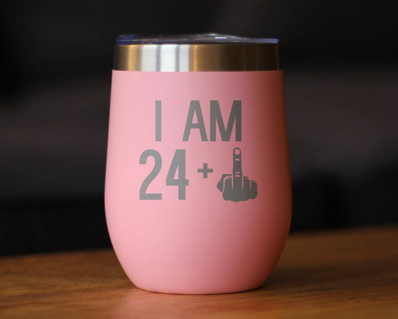 Pink insulated wine tumbler with centered 'I AM 24' design