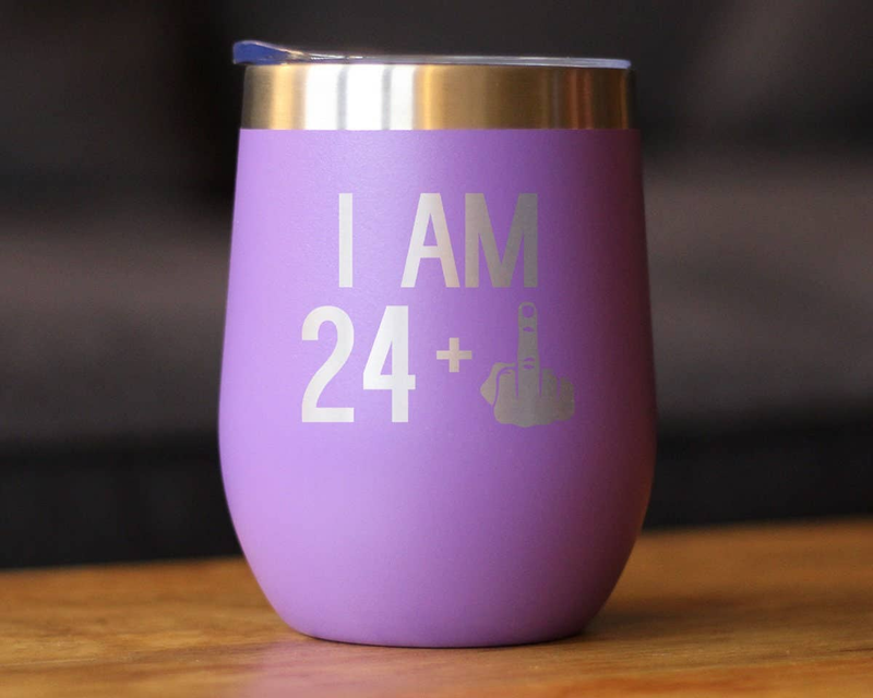 Purple insulated wine tumbler with 'I AM 24' design and blue lid