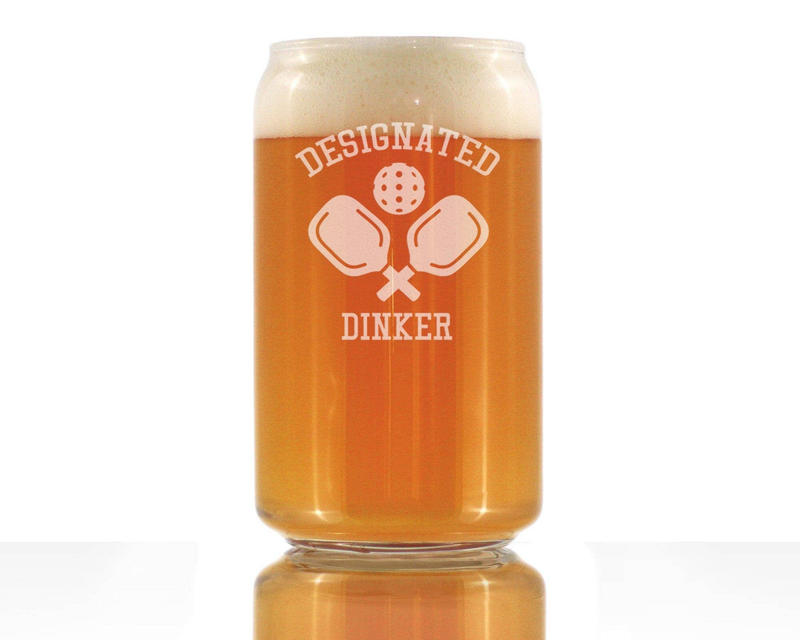 Amber beer can glass with etched Designated Dinker pickleball paddle logo