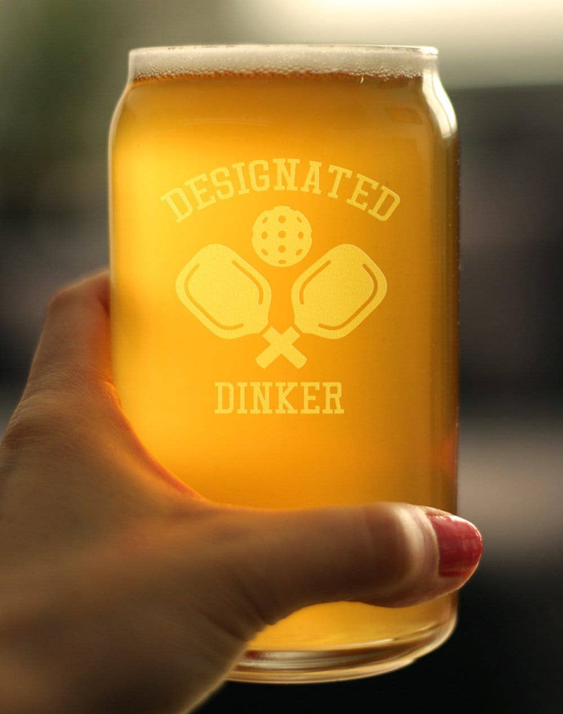 Amber beer can glass with etched Designated Dinker pickleball paddle logo