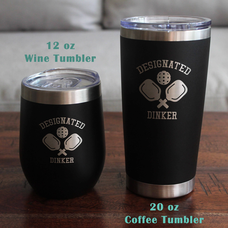 Black stainless tumbler with etched Designated Dinker pickleball paddle logo, lid on