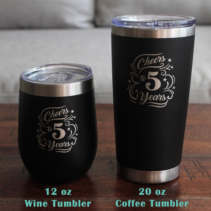 Black drink tumblers with stainless lids, Cheers to 5 Years etched on front