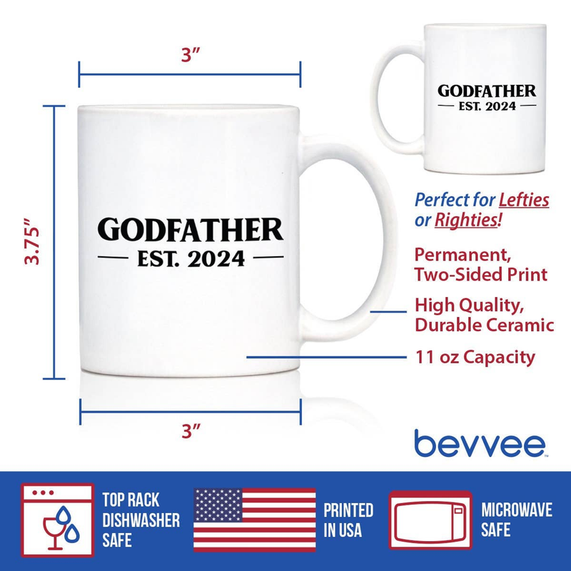 White ceramic coffee mug with “GODFATHER EST. 2024” print; size and care icons shown.