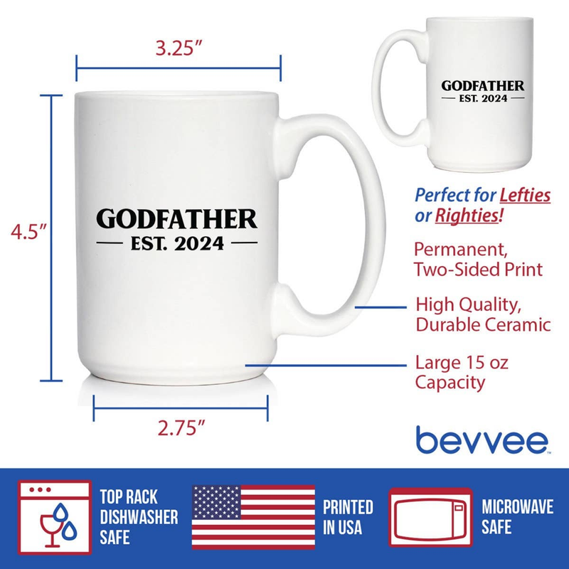 White ceramic coffee mug with “GODFATHER EST. 2024” print; 15 oz capacity diagram shown.