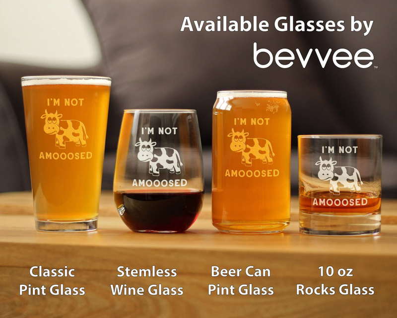 Set of bevee glasses featuring etched cow “I’M NOT AMOOOSED”