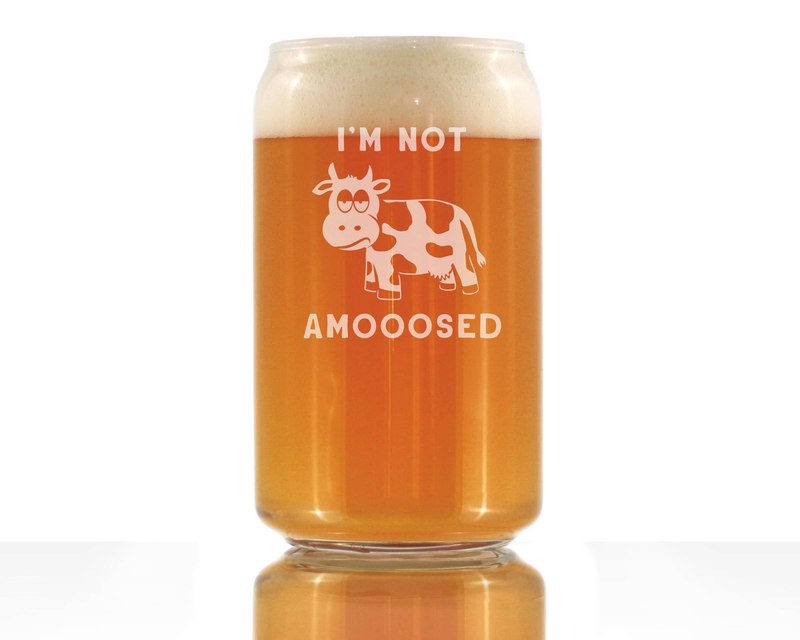Beer can pint glass with etched cow and “I’M NOT AMOOOSED”, amber drink