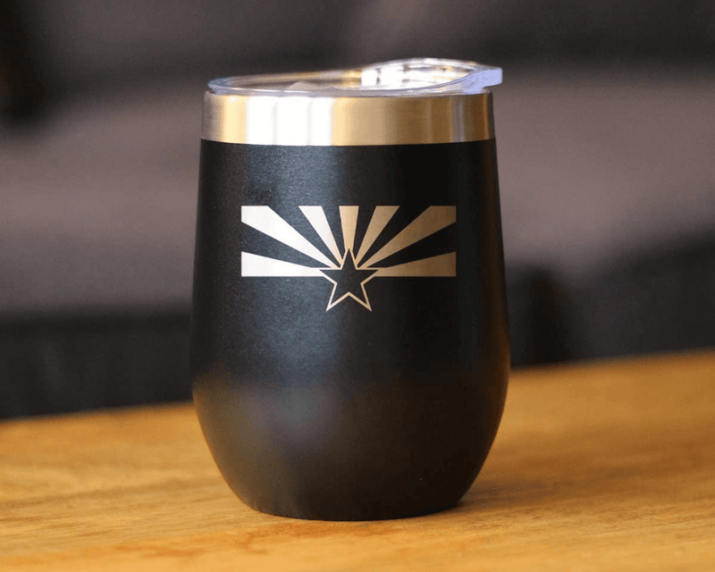 Black insulated wine tumbler with Arizona flag-style sunburst graphic and stainless lid
