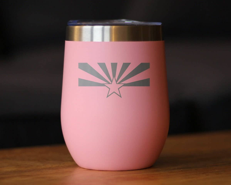 Pink insulated wine tumbler with Arizona flag-style sunburst graphic and stainless lid