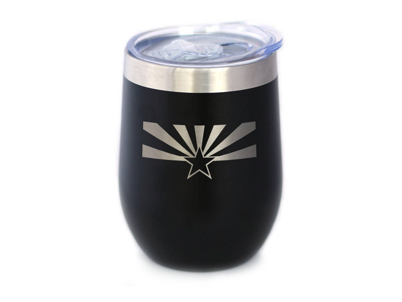 Black insulated wine tumbler with Arizona sunburst graphic, clear lid, stainless top