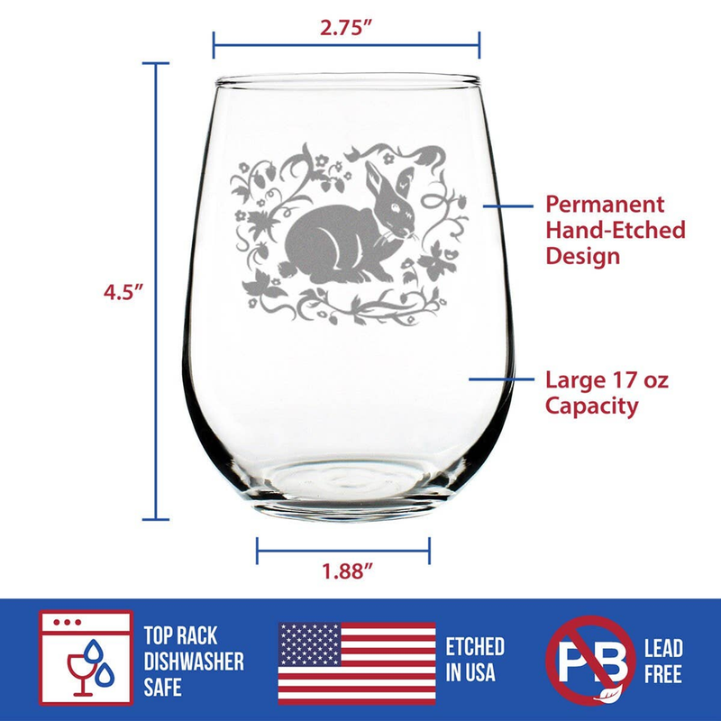 Stemless wine glass, permanent hand-etched rabbit design, 17 oz capacity