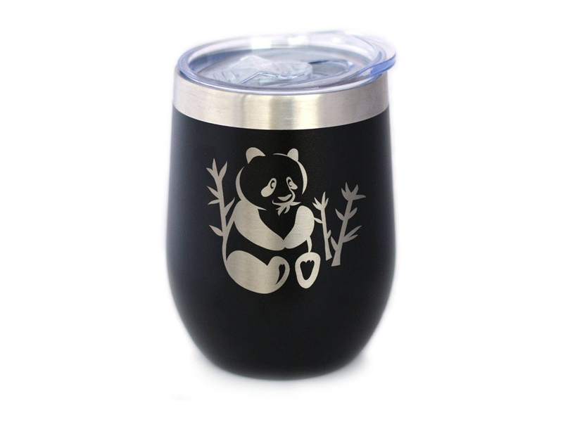 Black insulated wine tumbler with clear spill-resistant lid and panda illustration