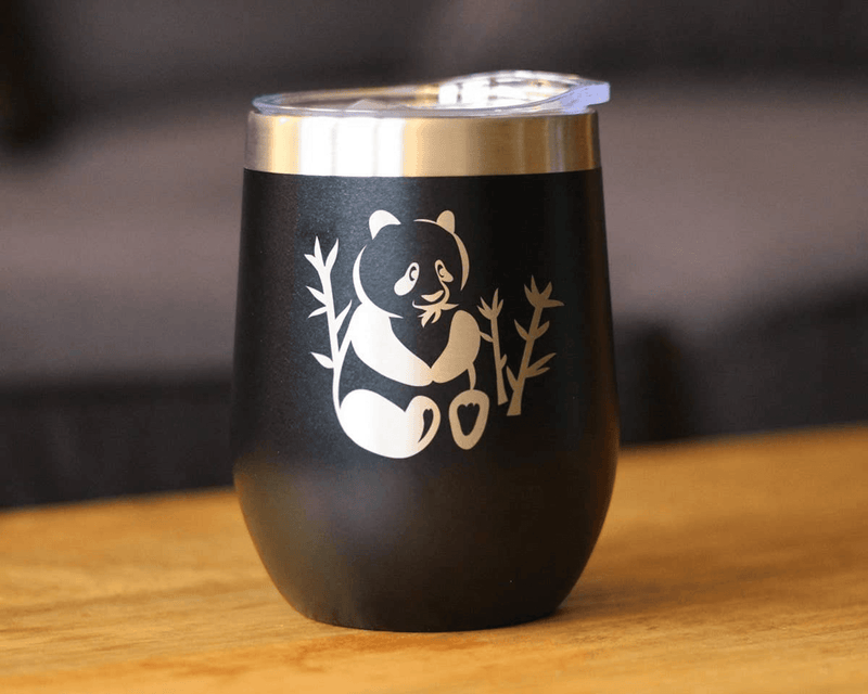 Black insulated wine tumbler with stainless lid and white panda on branch graphic