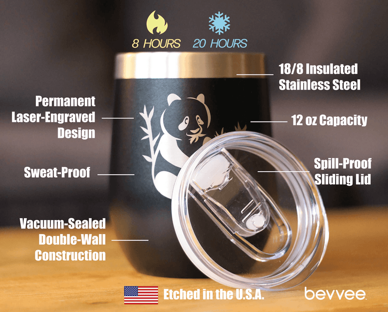 Black insulated wine tumbler with clear sliding lid and etched panda graphic, stainless rim.