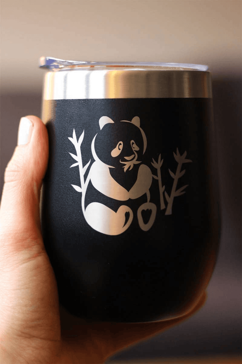 Black insulated wine tumbler with stainless rim, panda and heart branch design
