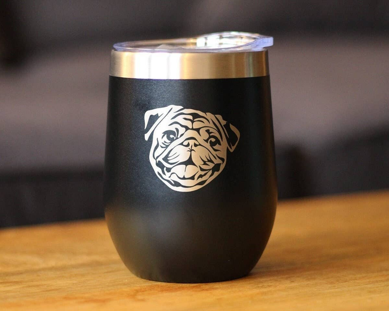 Black insulated wine tumbler with white pug face graphic, front view