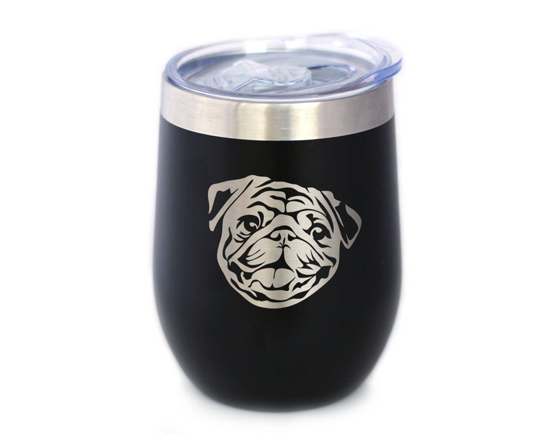 Black insulated wine tumbler with white pug face graphic and clear lid