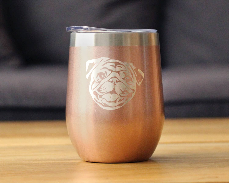 Rose gold insulated wine tumbler with white pug face graphic