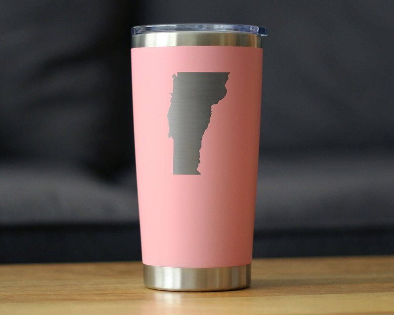 Pink insulated travel tumbler with Vermont outline graphic on front