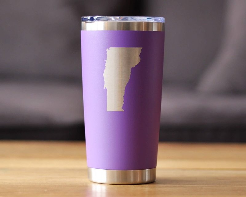 Purple insulated travel tumbler with Vermont outline graphic on front