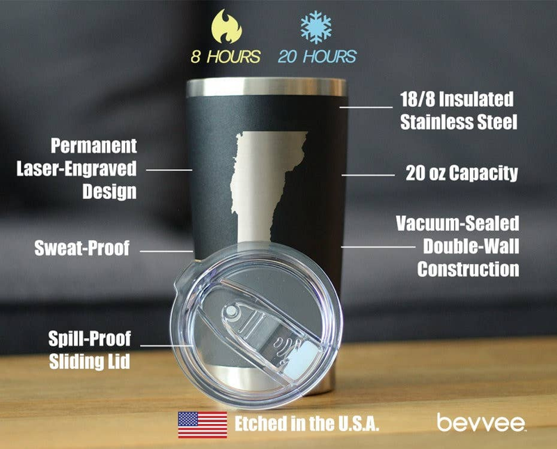 Black insulated stainless steel tumbler with sliding lid and Vermont outline graphic