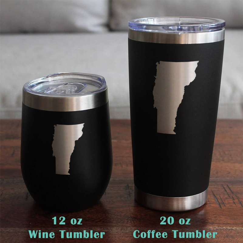 Black insulated wine and coffee tumblers with Vermont outline graphic and clear lids