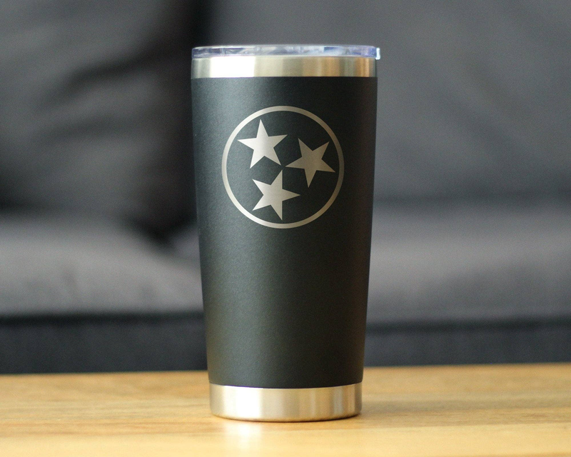 Black insulated travel tumbler with circular star logo and clear slide lid