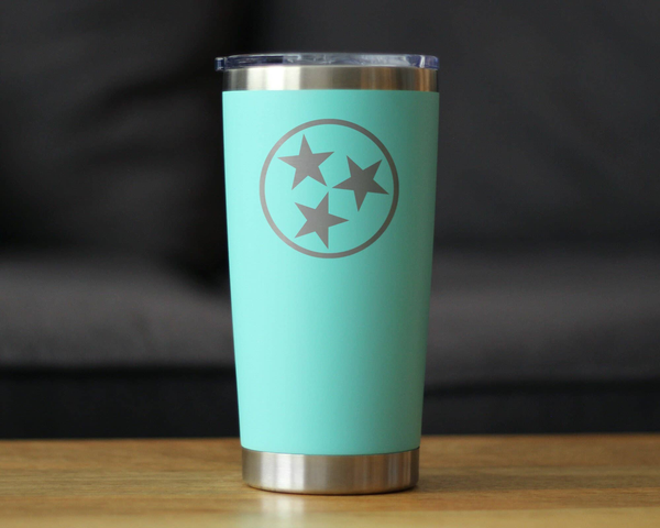 Teal insulated travel tumbler with circular star logo and clear slide lid