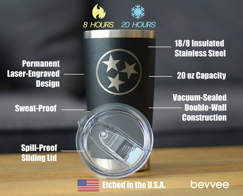 Black insulated travel tumbler with circular star logo and clear sliding lid
