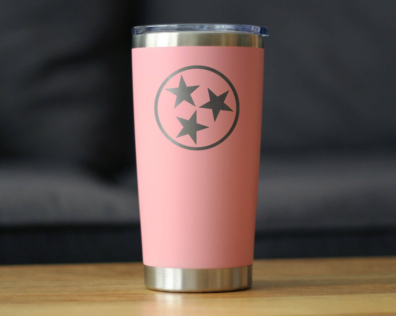 Pink insulated travel tumbler with circular star logo and clear slide lid