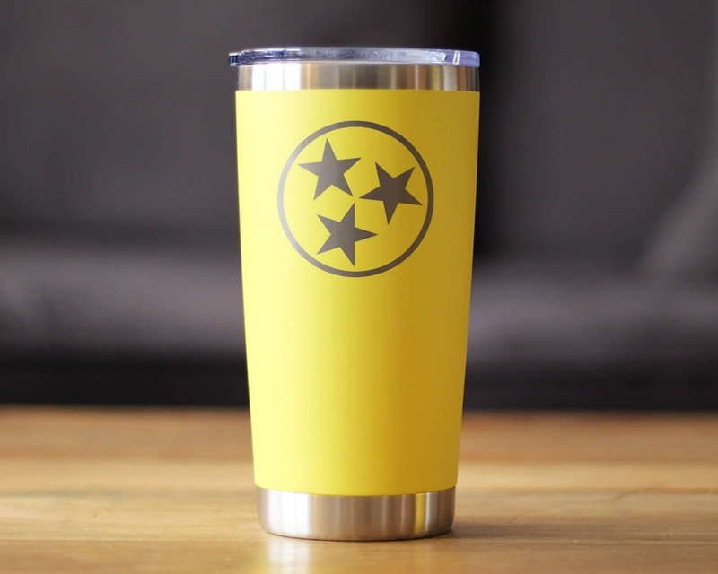 Yellow insulated travel tumbler with circular star logo and clear slide lid