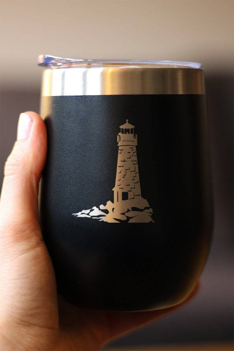Black insulated wine tumbler with lighthouse decal and stainless steel lid