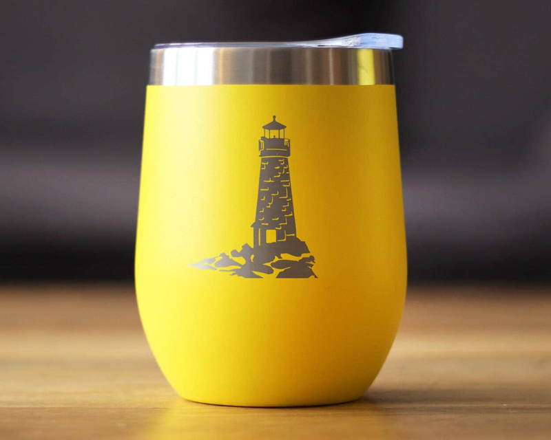 Yellow insulated wine tumbler with lighthouse decal and stainless steel lid