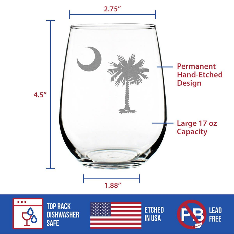 Stemless wine glass with hand-etched moon and palm tree, shown on a size diagram.