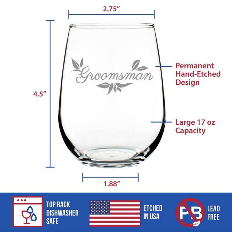 Stemless wine glass with permanent hand-etched Groomsman script and floral design