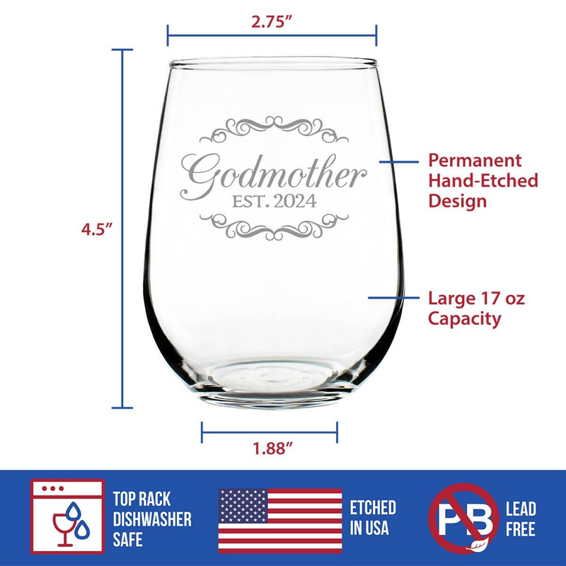 Stemless wine glass size diagram with etched “Godmother EST. 2024” design
