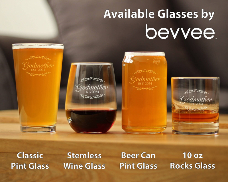 Stemless and other glass options etched “Godmother EST. 2024” for gifting