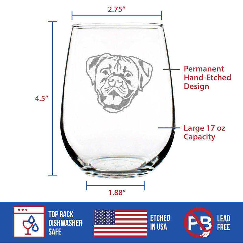 Stemless wine glass with etched boxer dog face design