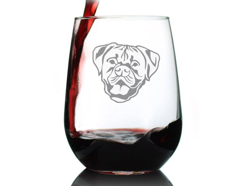 Stemless wine glass with etched boxer dog face, filled with red wine