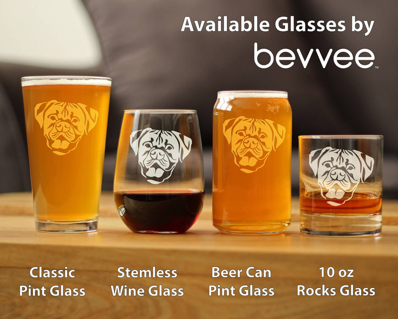 Etched boxer dog stemless wine glass with dark wine, centered among others