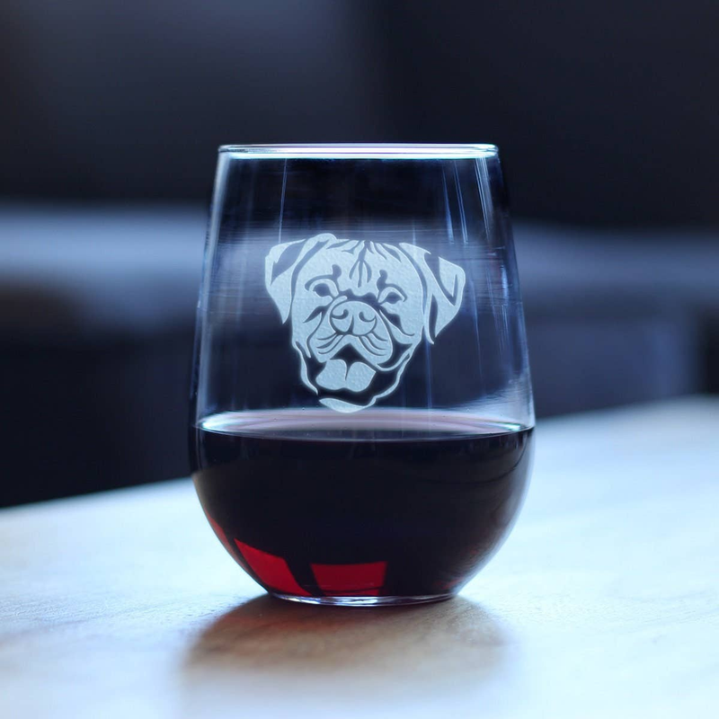 Stemless wine glass with etched boxer dog face, filled with dark red wine