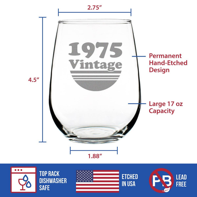 Stemless wine glass with 1975 Vintage etched design, 17 oz capacity size chart