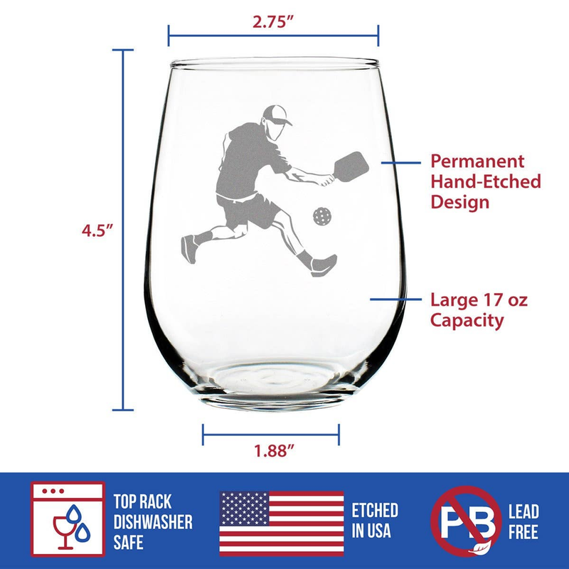 Stemless wine glass with permanent etched pickleball player design, 17 oz capacity