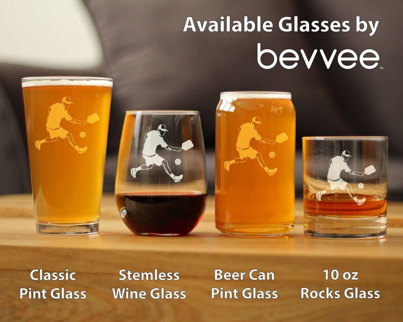 Glassware display with etched pickleball player designs on classic and stemless wine glasses