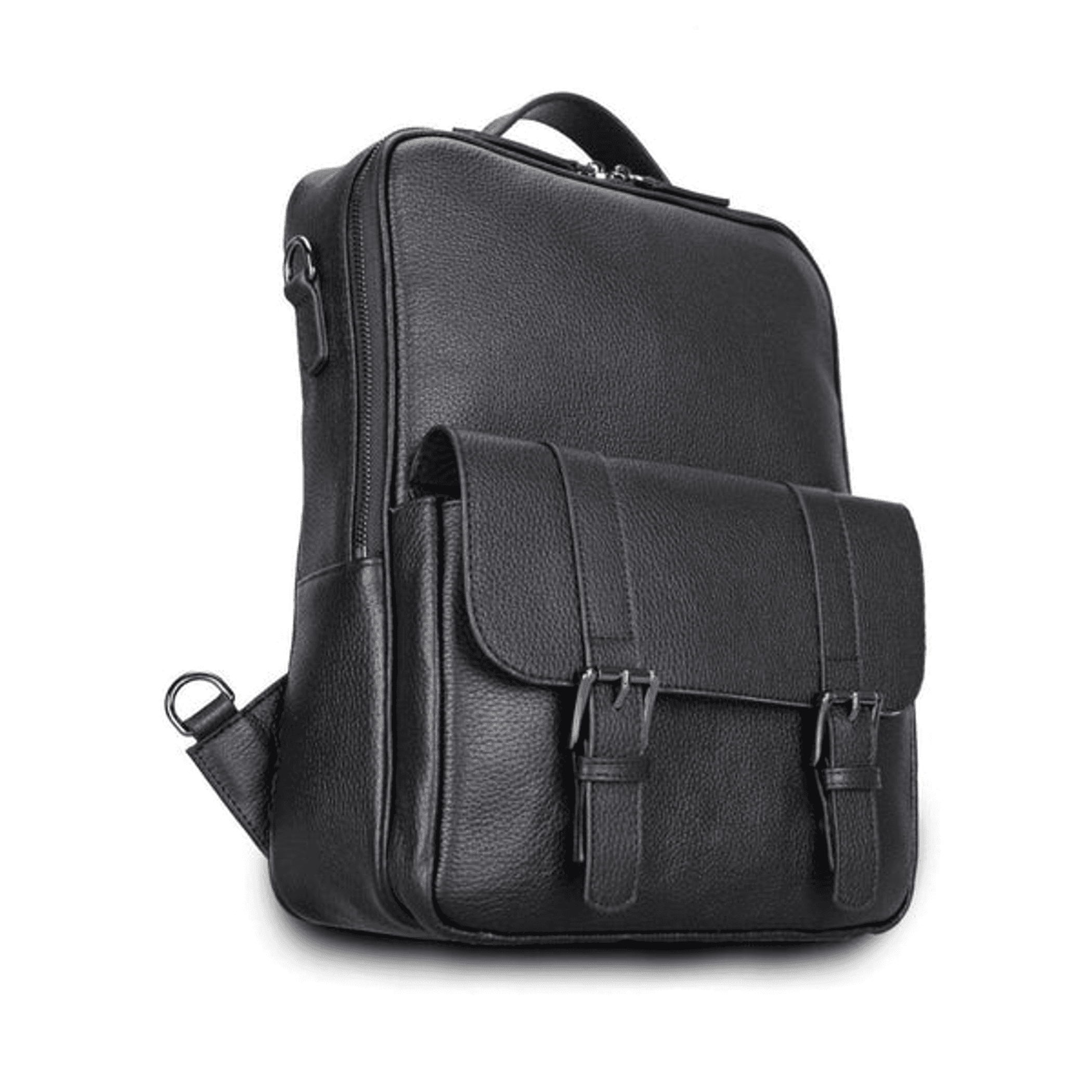 Black leather laptop backpack with front flap, dual buckles, and top carry handle.