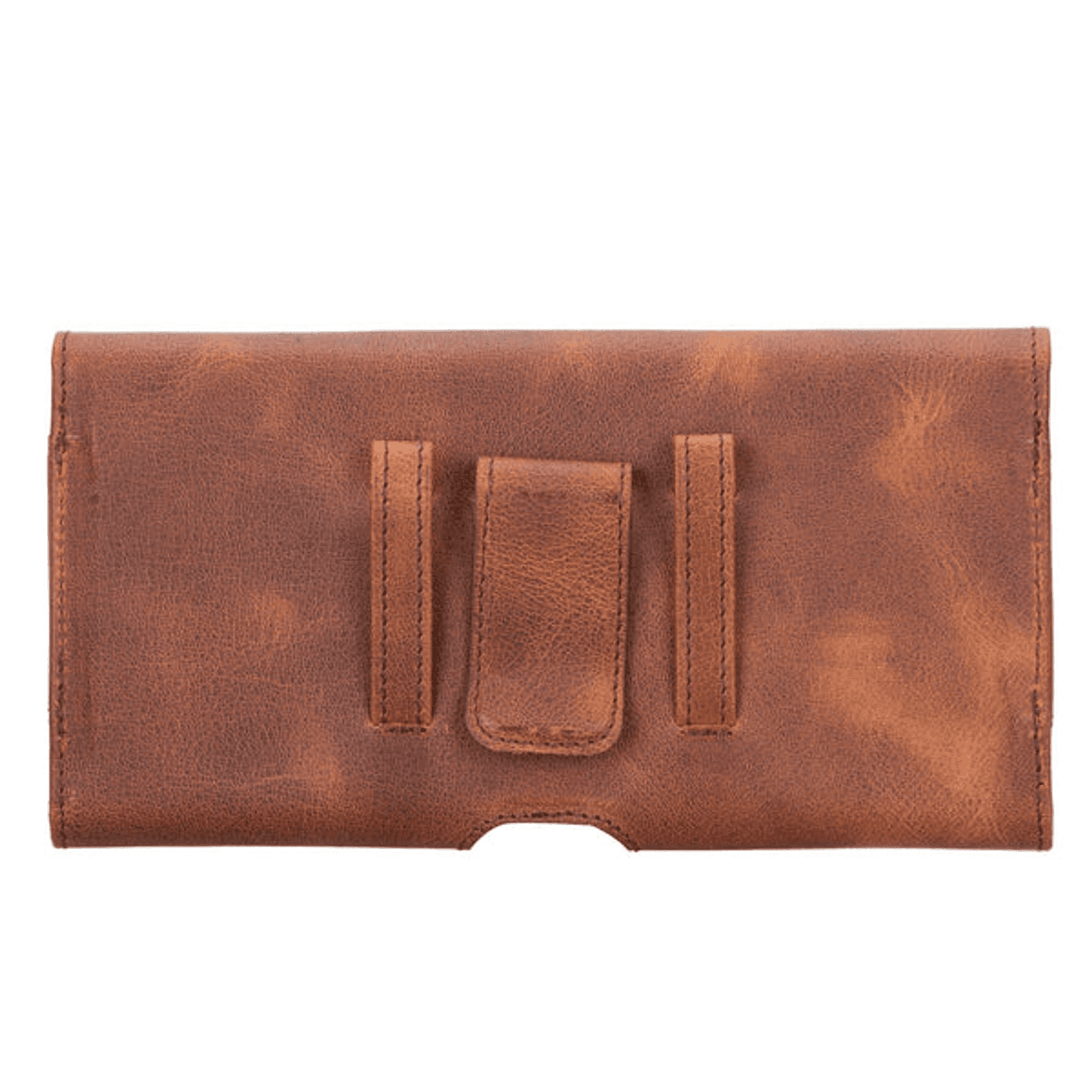 Tan leather belt-mounted phone holster with vertical card-slot style front loops