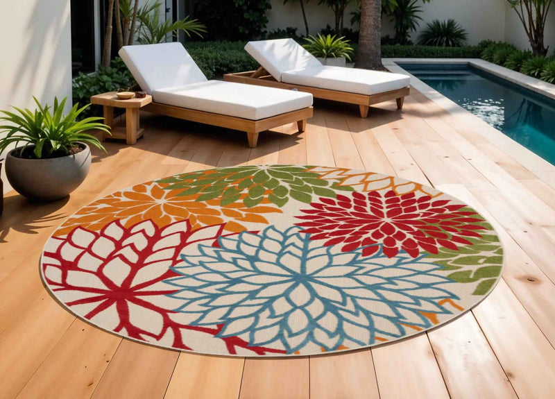 10' Green Orange And Red Round Indoor Outdoor Area Rug