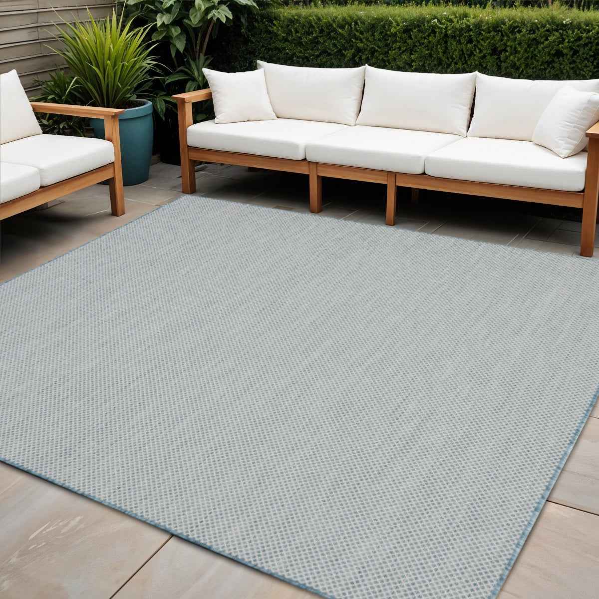 8' Aqua And Ivory Square Indoor Outdoor Area Rug