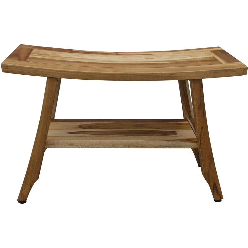Natural teak shower bench with lower shelf, side view of curved slatted top
